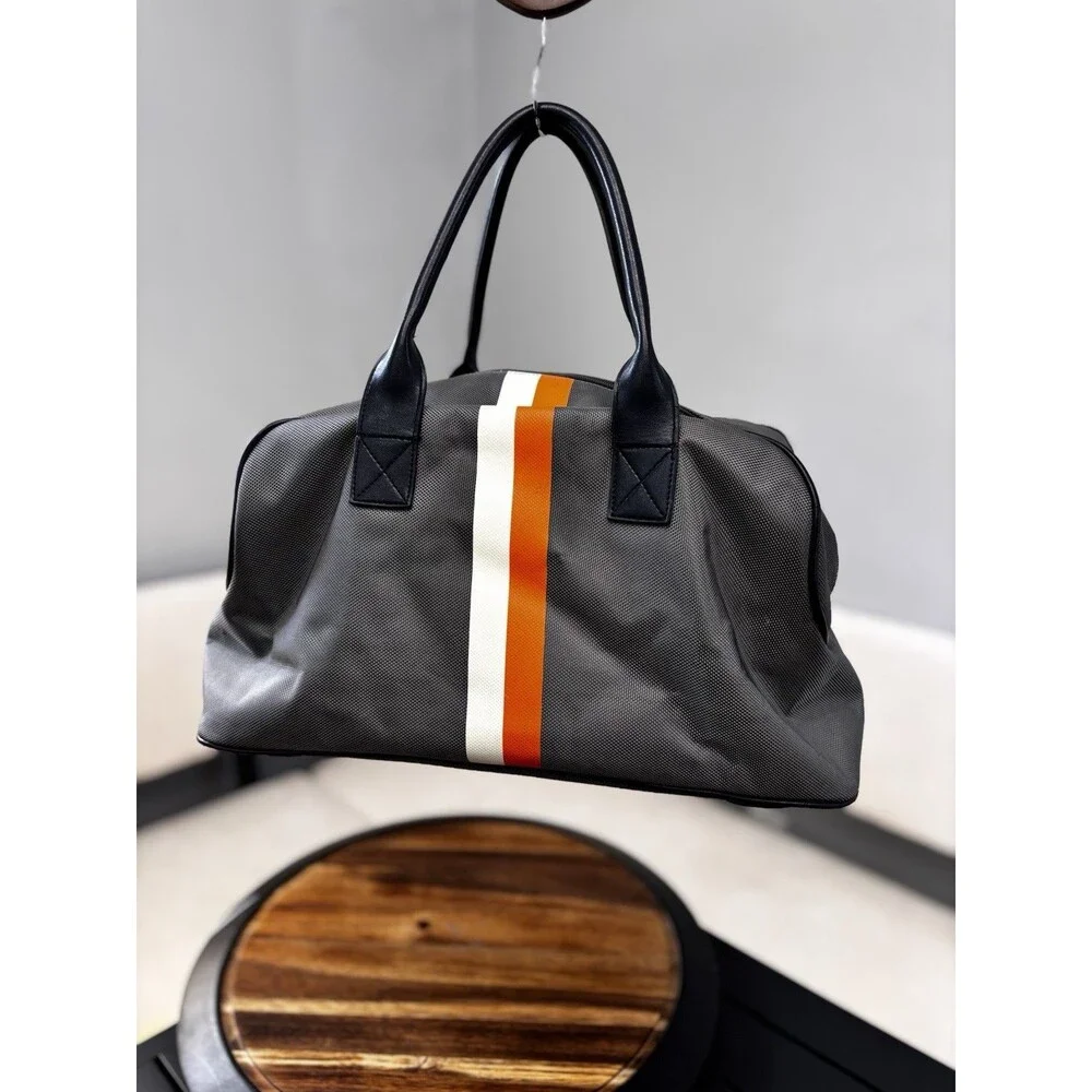 Grey Canvas Weekender Duffle Bag Retro Racing Stripe Travel Overnight Carry On